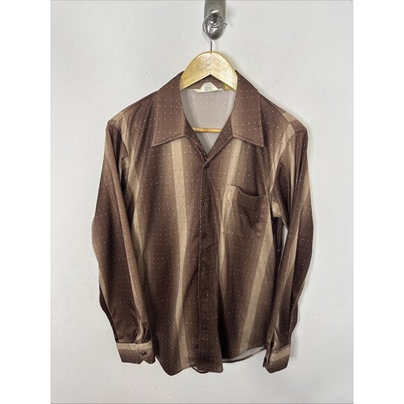 Vintage Charisma Townline 70s Disco Men M 15.5 Brown Groovy Button Shirt - Picture 1 of 6